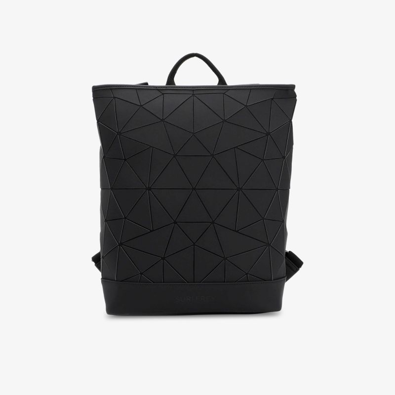 Moderner schwarzer Rucksack mit geometrischem Muster und praktischem Griff für vielseitigen Einsatz