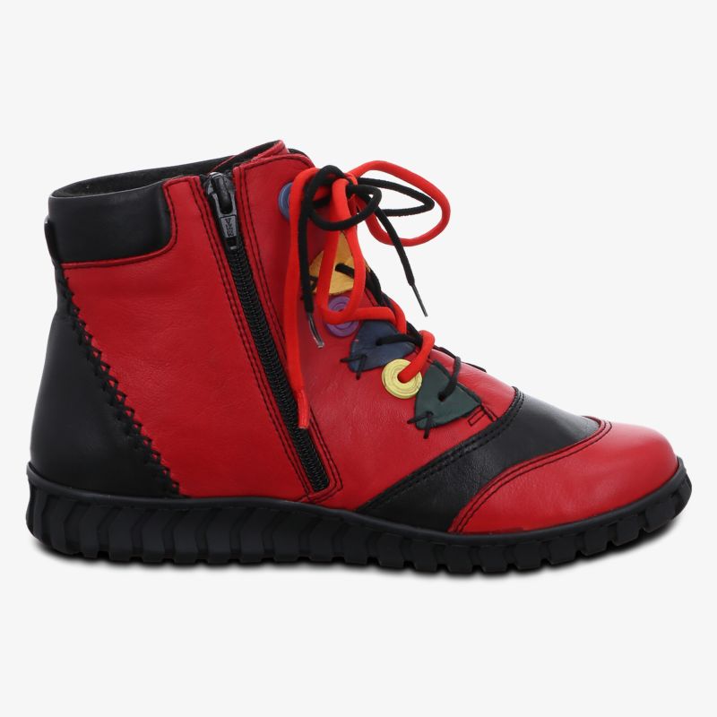 Robuster roter Schuh aus Leder mit Schnürung und seitlichem Reißverschluss, flexibel und komfortabel