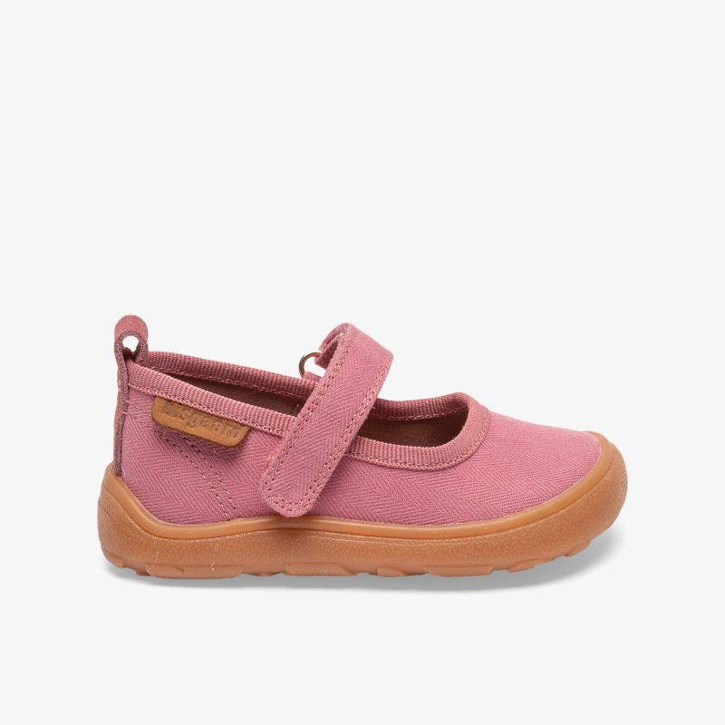 Rosa Kinderschuh mit flexiblem Profil, rutschfester Gummisohle und einfachem Klettverschluss für bequemen Halt