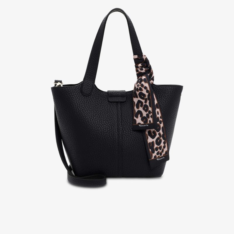 Schwarze Tasche mit Lederstruktur und modischem Leo-Schal, eleganter Henkel zum Tragen