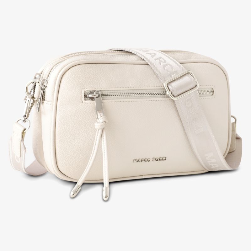 Kompakte cremefarbene Tasche mit verstellbarem Schulterriemen und praktischem Reißverschlussfach für vielseitigen Einsatz