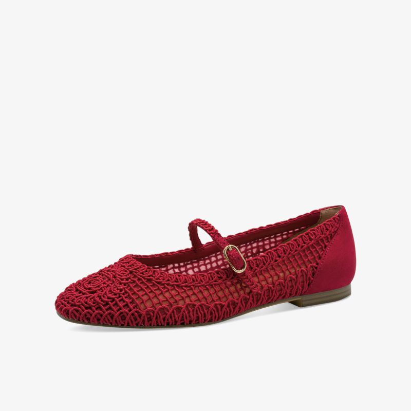 Rote geflochtene Ballettschuhe mit Schnallenverschluss und flacher, bequemer Sohle, eleganter und komfortabler Schuh