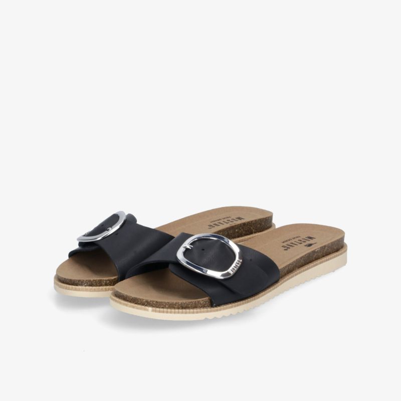 Moderne schwarze Slide Sandalen mit verziertem großem Verschluss, bequemer weicher Sohle und offenem Zehenbereich