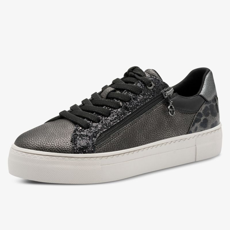 Schwarzer Sneaker mit Reißverschluss, hochwertigem Material und robuster weißer Sohle, modisch und komfortabel