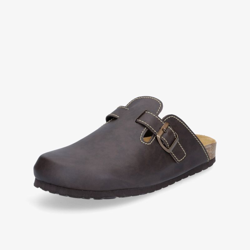 Bequemer brauner Lederclog mit verstellbarem Riemen und ergonomischer Sohle für optimalen Tragekomfort.