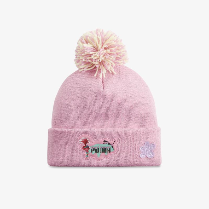 Warme rosa Bommelmütze aus weichem Strickmaterial, modisch und bequem für kalte Tage