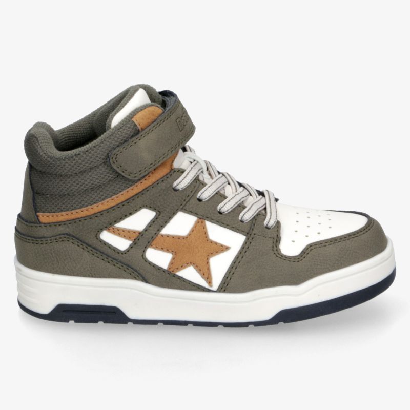 Seitenansicht eines hohen Sneakers mit atmungsaktivem Obermaterial, stabilem Klettverschluss und rutschfester Sohle