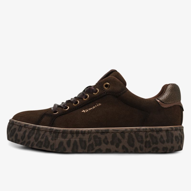 Bequemer Sneaker aus braunem Veloursleder mit angesagtem Animal-Print Plateau und robuster Gummisohle