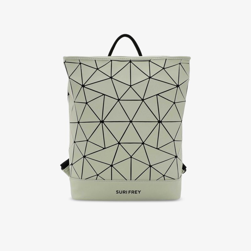 Moderner grauer Rucksack mit geometrischem Muster, robustem Material und praktischer Trageschlaufe für den Alltag