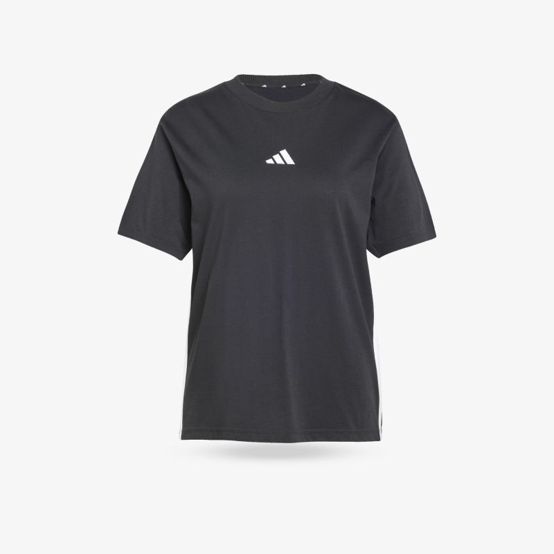 Schwarzes Adidas T-Shirt mit rundem Halsausschnitt und weißem Logo, leichtes und bequemes Sportshirt