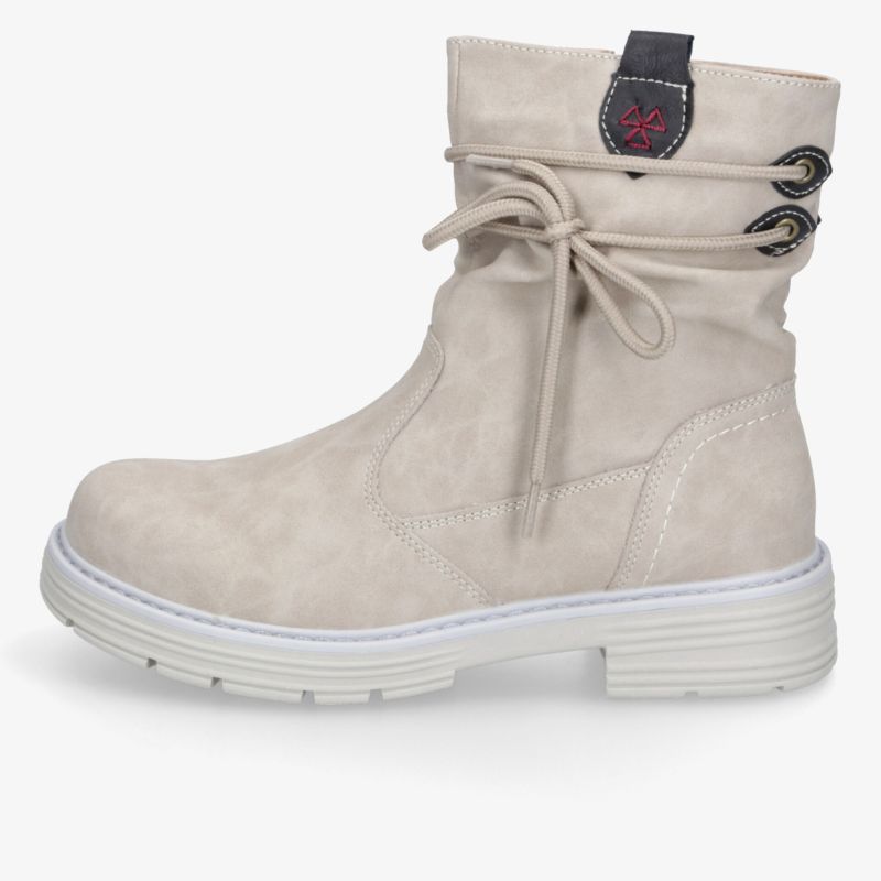 Beiger Stiefel mit Schnürung, robuster rutschfester Sohle und komfortablem weichem Material seitlich abgebildet