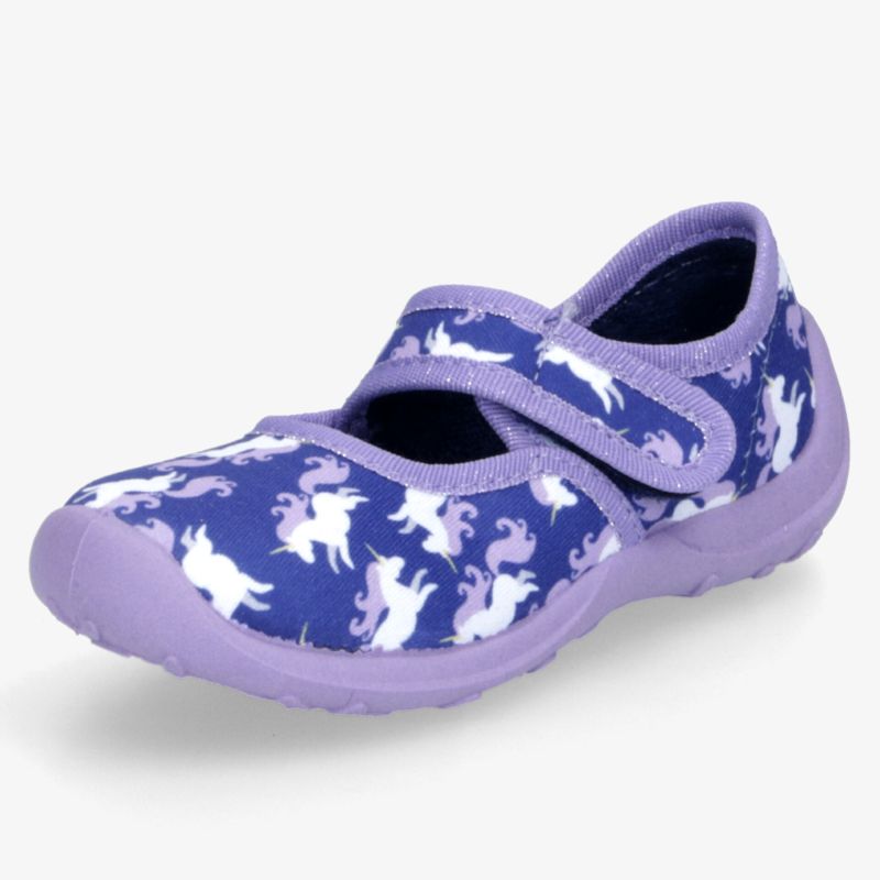 Bequemer lila Kinderschuh mit verstellbarem Klettverschluss und lustigem weißen Einhornmuster, rutschfeste Sohle