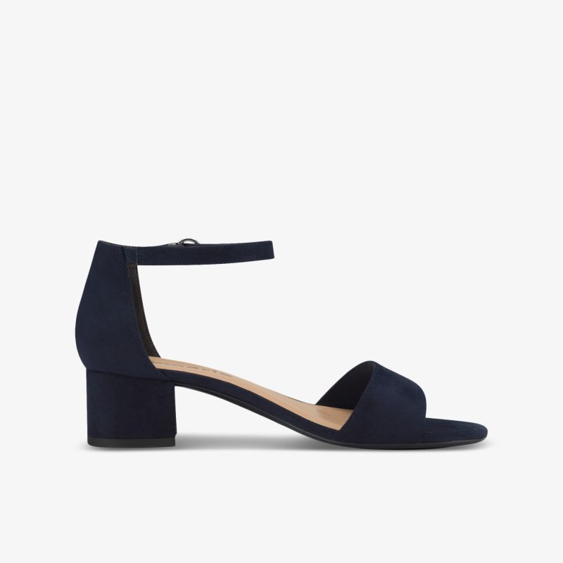 Elegante schwarze Sandalette mit Blockabsatz und Knöchelriemen, ideal für lässige und formelle Anlässe.