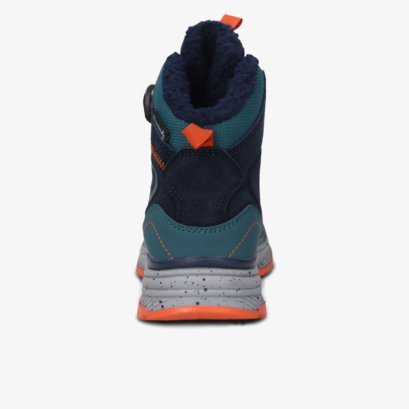 Rückansicht robuster Schuh mit hohem Schaft, profilierter Sohle und kontrastierenden orangefarbenen Details