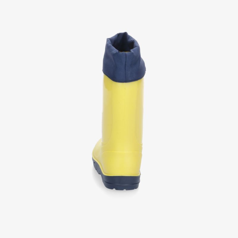 Robuster gelber Gummistiefel mit blauem Schaft, wasserfest und rutschfest, Rückansicht