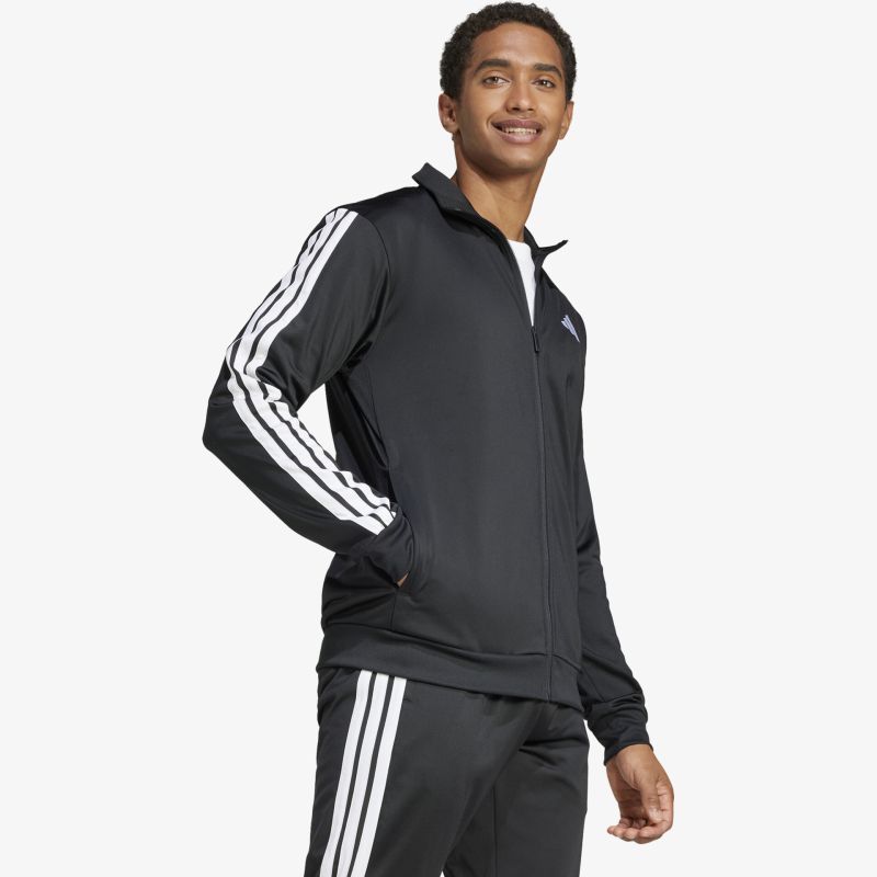 Schwarze sportliche Trainingsjacke mit Weißer Streifen an Ärmeln, Reißverschlusstaschen und modernem Schnitt