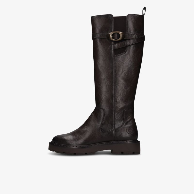 Seitliche Ansicht eines eleganten schwarzen Reitstiefels aus hochwertigem Leder mit Schnalle