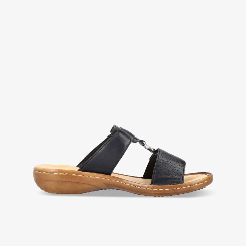 Leichtes und komfortables schwarzes Sandalenslipper mit ergonomischer Passform und rutschfester Sohle, seitliche Ansicht