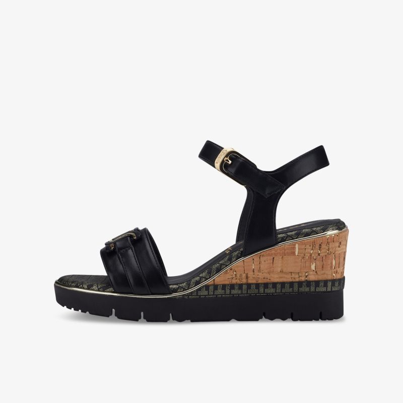 Leichte schwarze Keilsandale mit verstellbarem Riemen und gepolsterter Sohle für bequemen Halt und eleganten Look