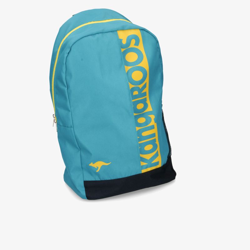Sportlicher robuster Rucksack in türkis mit großem Reißverschluss und markantem gelbem Kangaroos Schriftzug