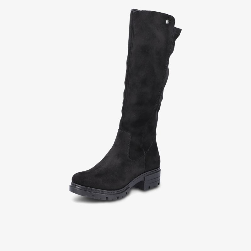 Schwarzer kniehoher Stiefel aus Wildleder mit stabilem Blockabsatz und komfortabler Passform