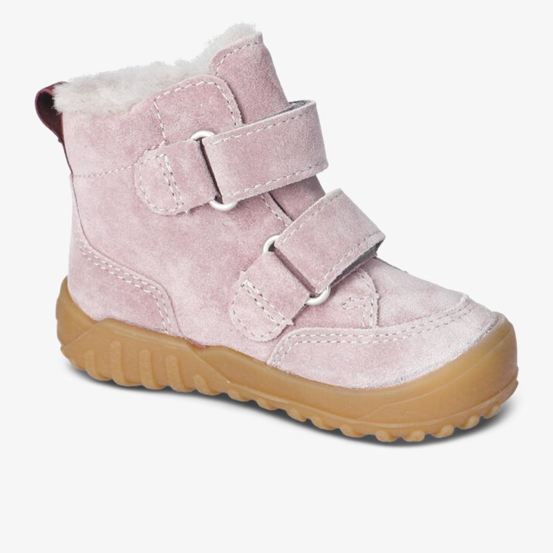 Winterwarmer Kinderstiefel aus rosa Veloursleder mit praktischem Klettverschluss und robuster rutschfester Sohle