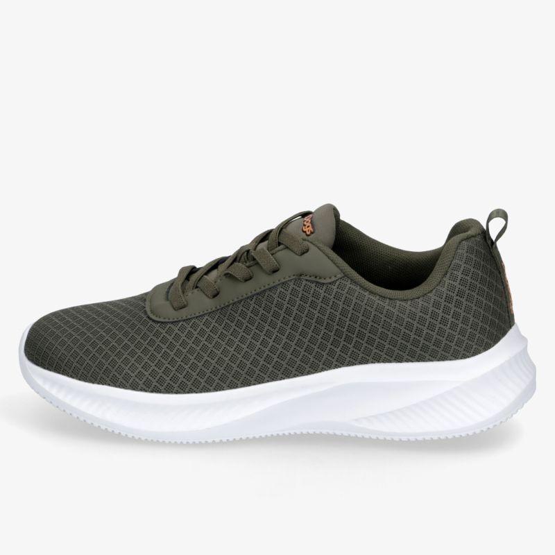 Leichter Sportschuh in Olivgrün mit weißer, flexibler und rutschfester Sohle, atmungsaktiv und komfortabel