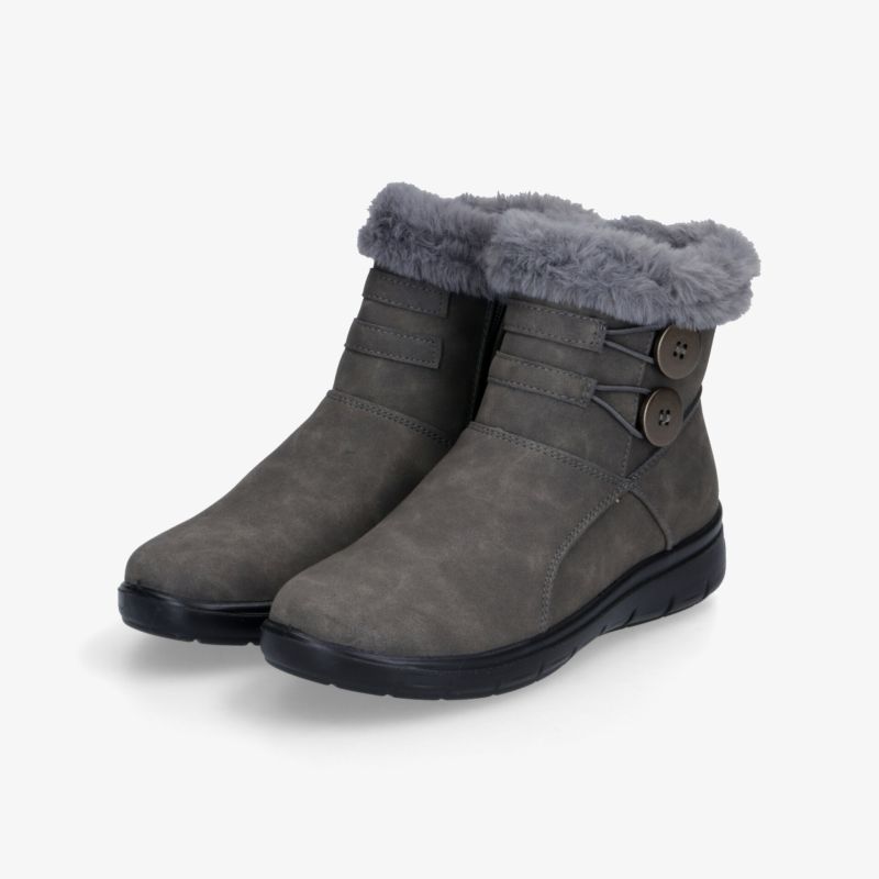 Grauer Winterstiefel mit warmem Fellfutter, rutschfester Sohle und dekorativem Knopfverschluss für bequemen Halt
