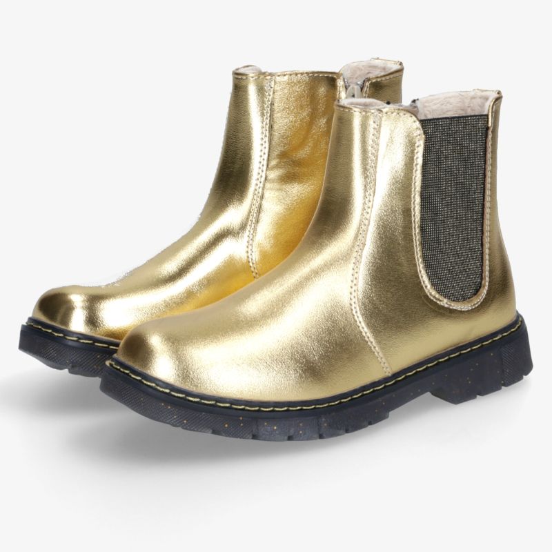 Goldene Stiefeletten mit glänzendem Leder, elastischem Einsatz und robuster Gummisohle, modisch und bequem