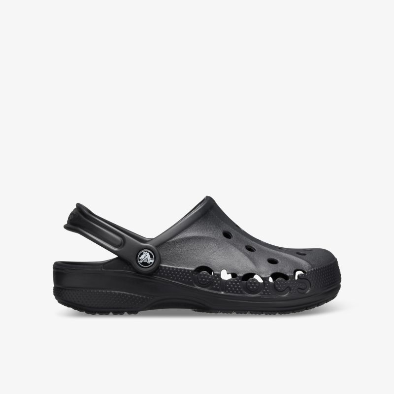 Seitliche Ansicht eines leichten, atmungsaktiven und bequemen schwarzen Clogs mit flexiblem Riemen