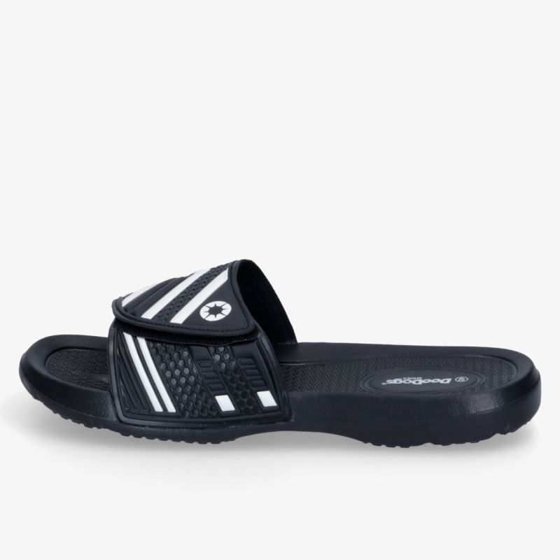 Schwarzer Slide mit weißem Streifendesign, rutschfeste Sohle, bequem und leicht für Alltag und Sport