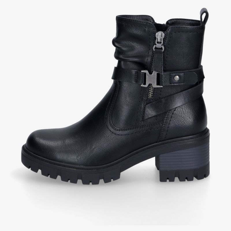 Robuster schwarzer Stiefel aus Leder mit reißverschluss und modischem schnallenverschluss, komfortabler Absatz