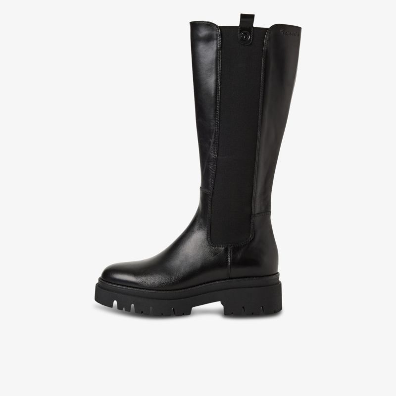 Kniehoher schwarzer Lederstiefel mit elastischem Schaft und robustem Blockabsatz in seitlicher Ansicht