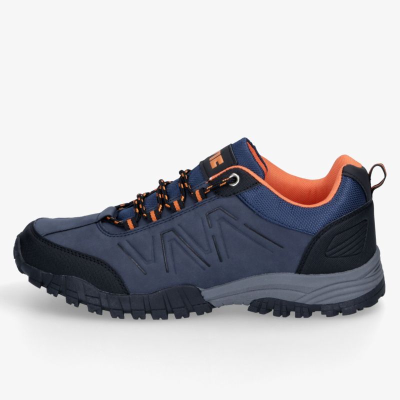 Robuster dunkelblauer Outdoor-Schuh mit orangefarbenem Innenfutter, griffiger Profilsohle und bequemer Schnürung