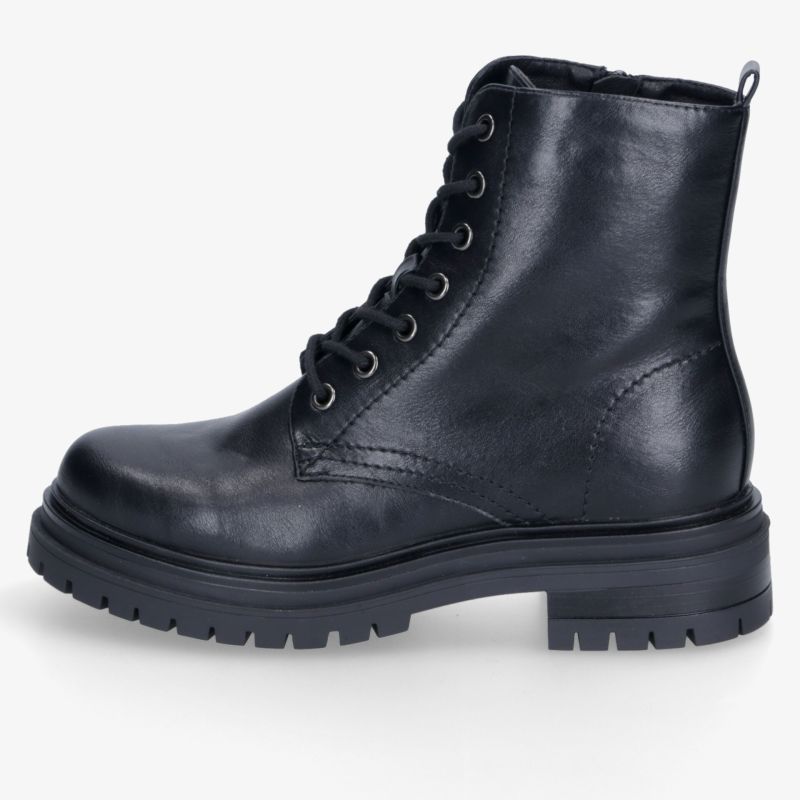 Schwarzer Lederschnürstiefel, robustes Design, strapazierfähige Sohle, ideal für Alltag und Freizeit.