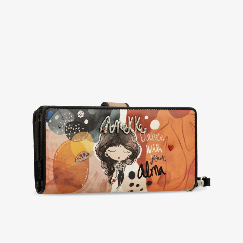 Breiter Geldbeutel mit buntem Design und Reißverschluss, viele Fächer für Karten und Bargeld, handlich und robust