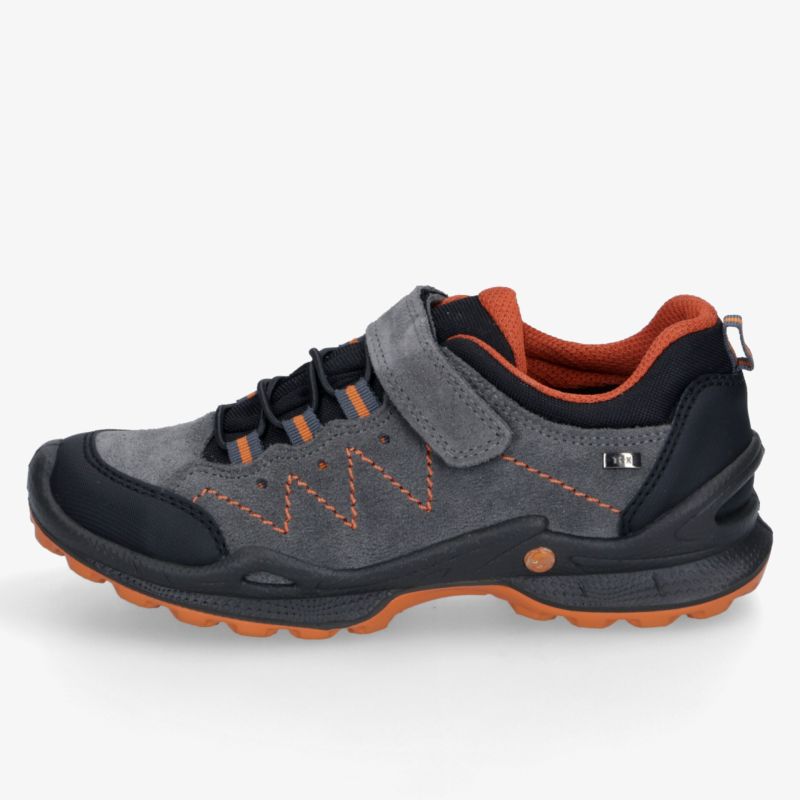 Robuster Outdoor-Schuh in Dunkelgrau mit orangefarbenen Akzenten, gepolsterter Zunge und griffiger Laufsohle