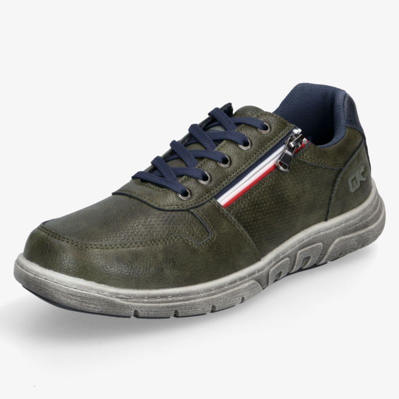 Robuster Freizeitschuh in Oliv mit praktischem Reißverschluss, flexibler Schnürung und rutschfester Sohle, seitliche Ansicht