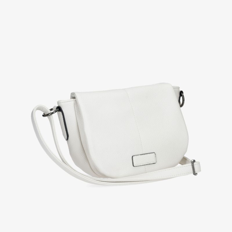 Weiße Schultertasche mit abgerundeter Form und verstellbarem Riemen in schräger Vorderansicht