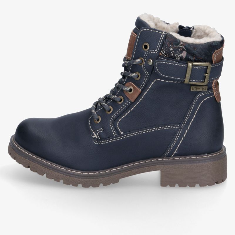 Robuster dunkelblauer Stiefel mit warmem Fellfutter, dekorativen Nähten, Schnürung, Schnalle und profilierter Sohle