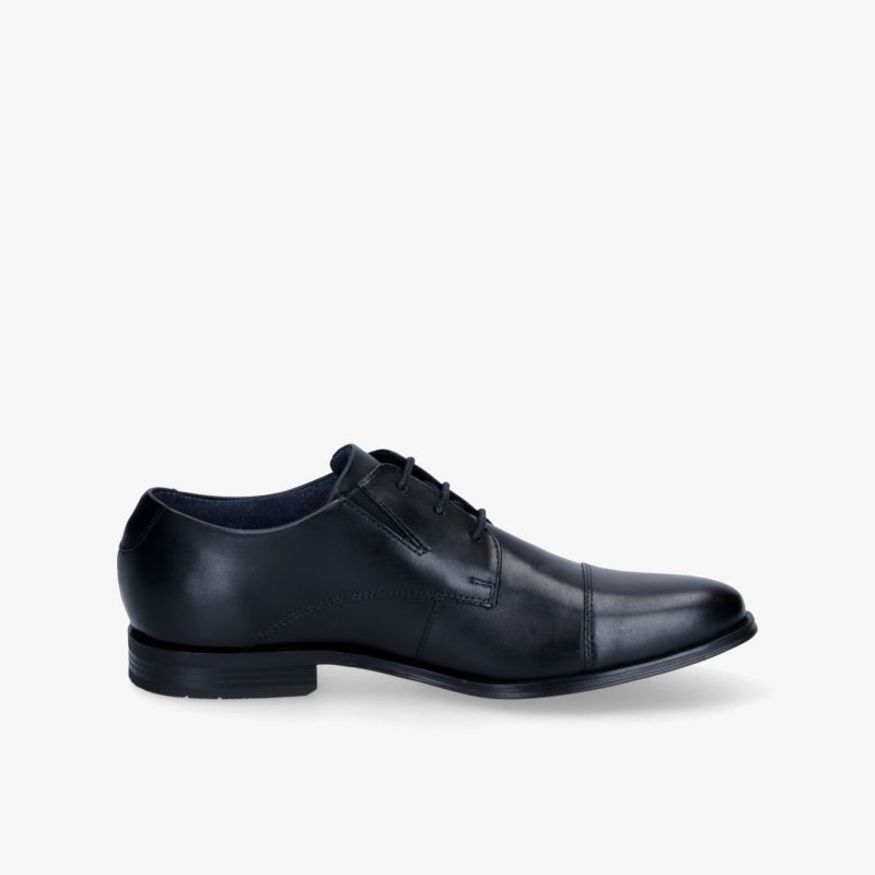 Eleganter klassischer schwarzer Lederschuh mit feiner Schnürung und klarer Seitenansicht für formelle Anlässe