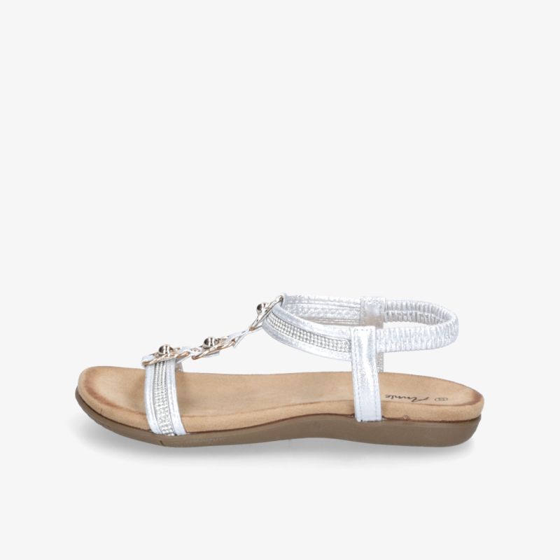 Bequeme Sandale mit flacher Sohle und verstellbarem Fußband, dekorative Schmuckelemente elegant gestaltet