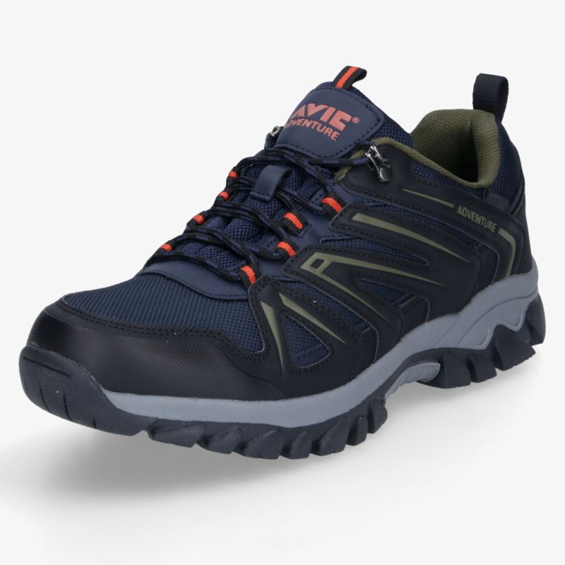 Robuster Outdoor-Trekking-Schuh in Blau-Schwarz mit profilierter Sohle und stabiler Schnürung für festen Halt