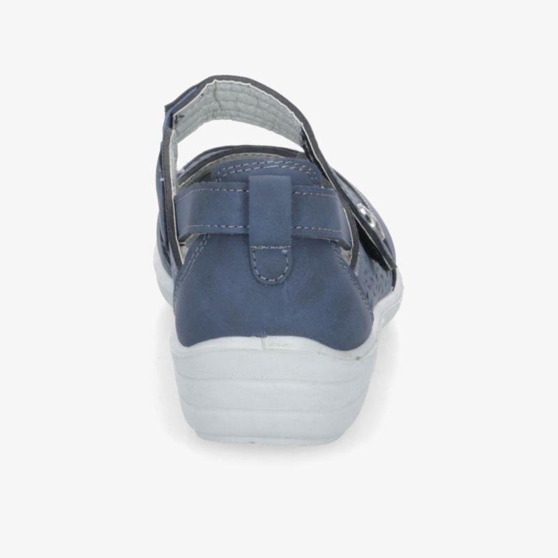 Rückansicht eines blauen Schuhs mit seitlichem Klettverschluss und weißer Sohle, bequem und stabil