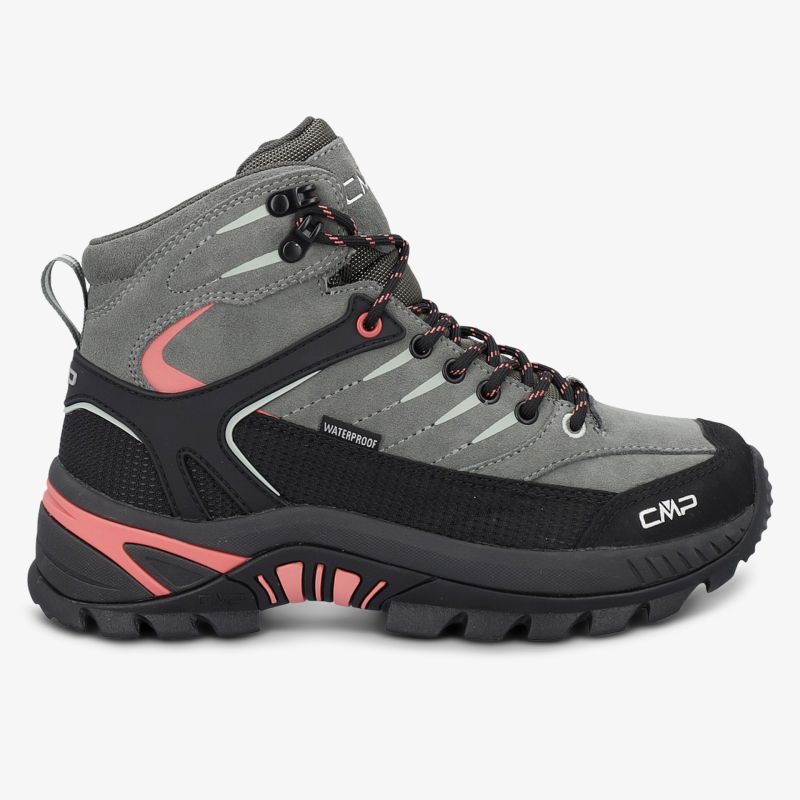 Robuster Wanderschuh mit rutschfester Sohle und wetterfestem Design in grau-schwarz-rot.