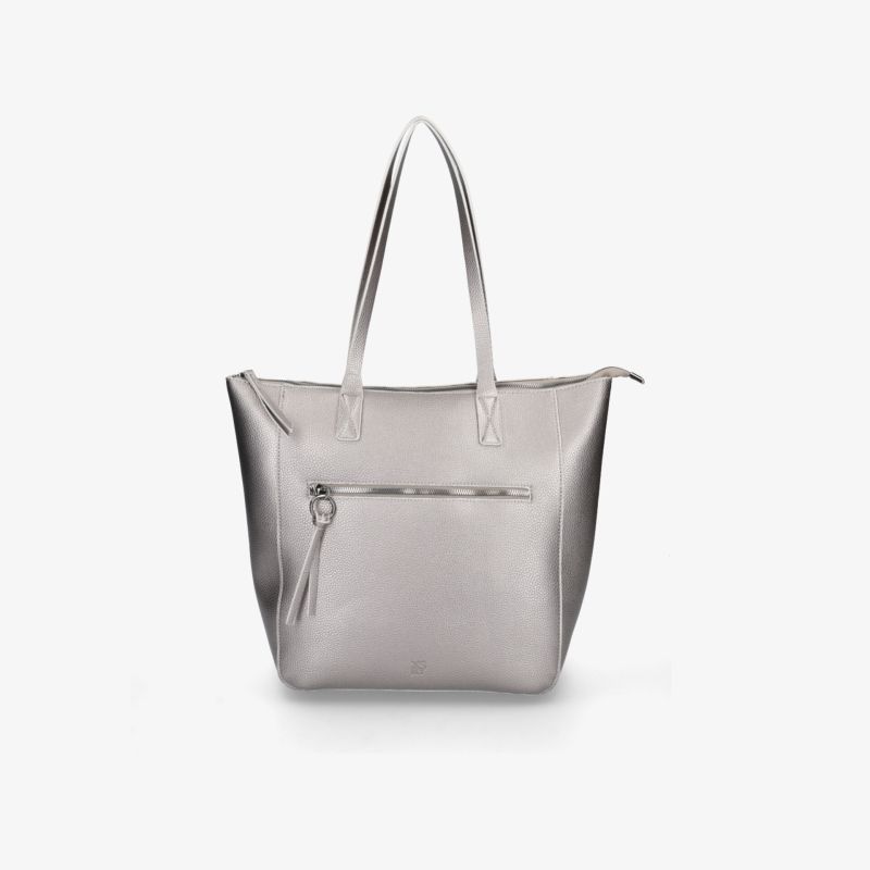 Graue Tote Bag mit großen, stabilen Henkeln und Reißverschlussfach, klar und elegant von vorne dargestellt