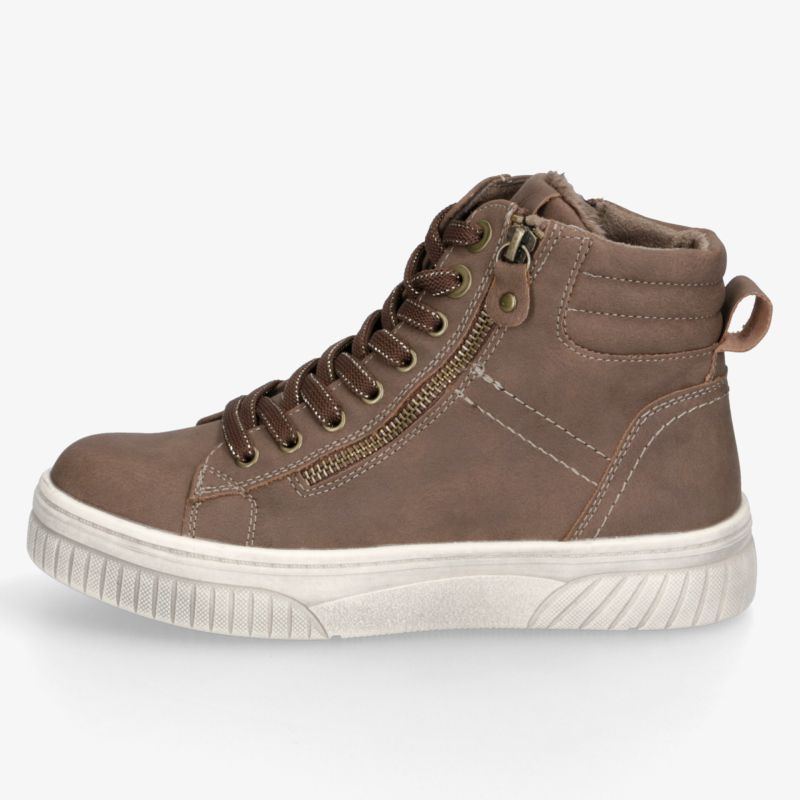 Brauner High-Top-Sneaker mit Schnürung, gepolstertem Schaft, markanten Nähten und robuster profilierter Gummisohle