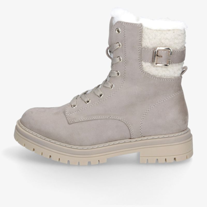 Heller Schnürstiefel mit wärmendem Fellfutter, seitlichem Riemen, robuster Profilsohle und bequemem Schaft