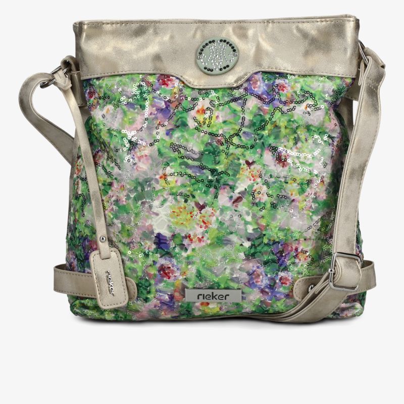 Modische Umhängetasche mit floralem Muster und schimmerndem Material in praktischer Größe