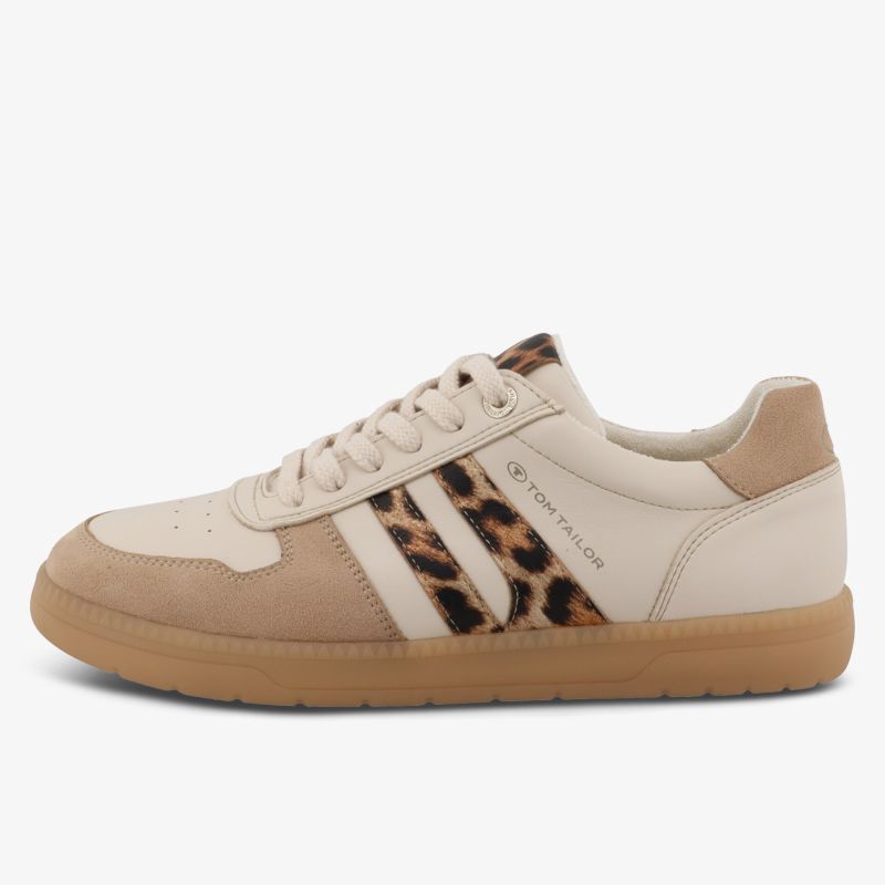 Beiger Sneaker mit Leopardenmuster, Schnürung und rutschfester Sohle für komfortablen, sportiven Alltag